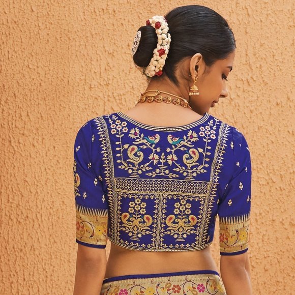 JHEAPS MANGO YELLOW ZARI WOVEN PAITHANI SILK SAREE WITH DESIGNER BLOUSE - Picture 3 of 4